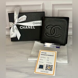 Chanel Black Caviar Leather Bifold Wallet CC Logo | Full Inclusion | Halo Intact